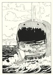 Historia verdadera de Lucian: El barco tragado por la ballena (grabado)