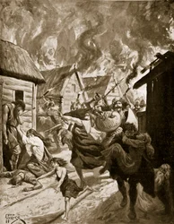 Canterbury quemada por los daneses, 851 d.C., ilustración de "Hutchinson