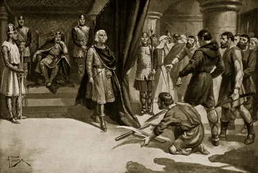 Campesinos arrojando sus arados a los pies de Enrique I, ilustración de 