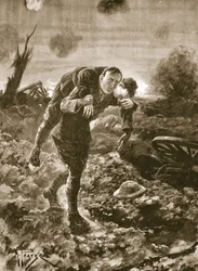 Teniente temporal G. St. G. S. Cather trayendo a un hombre herido a plena vista del enemigo y bajo fuego de ametralladoras y artillería