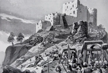 El ataque galés al Castillo de Montgomery en 1095 liderado por Cadwgan ap Bleddyn, Príncipe de Powys, ilustración de 