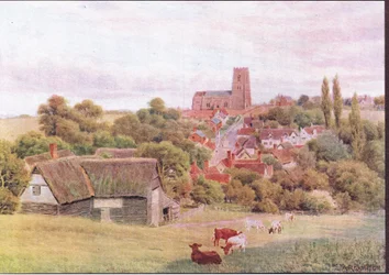La iglesia en la colina, Kersey, Suffolk, de The Cottages and the Village Life of Rural England publicado por Dent & Sons Limited, 1912