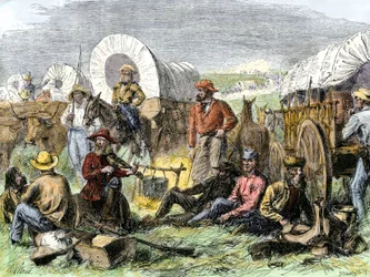 Historia de los colonos de West Conquete: Pioneros americanos. Campamento de viajeros en la Tumba de la Noche, cerca de Diligences, Estados Unidos. Grabado coloreado del siglo XIX.