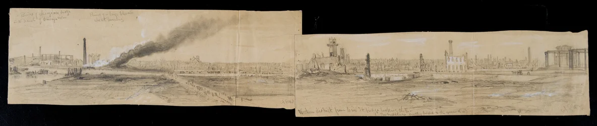 Distrito norte desde el puente de Erie Street, mirando hacia el este, durante el incendio de Chicago de 1871