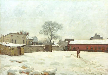 Bajo la nieve, patio de la granja en Marly-le-Roi