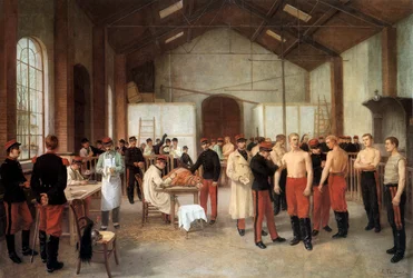 Vacunación de oficiales franceses durante una sesión en el hospital de Val-de-Grâce de París hacia 1900