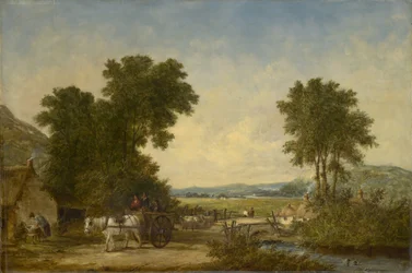 Paisaje campestre boscoso con figuras en un carro, c.1855
