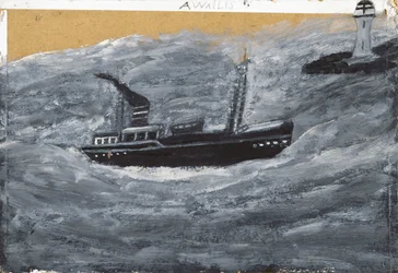 Arrastrero y muelle (óleo sobre cartulina)