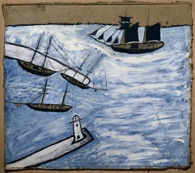 Vista del puerto y del faro de Saint Ives (Cornualles, Inglaterra). Óleo y lápiz sobre cartón, por Alfred Wallis (1855-1942).