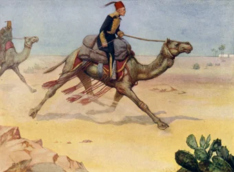 General británico Charles George Gordon galopando por el desierto del Sahara en un camello