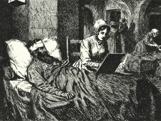 La enfermera inglesa Florence Nightingale escribiendo una carta para un soldado herido en la Guerra de Crimea en el hospital de Scutari, 1855