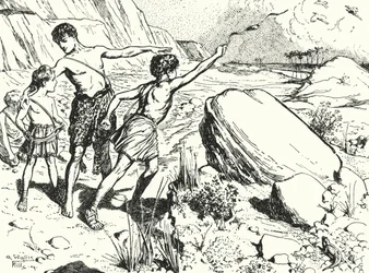 Aníbal y sus hermanos aprendiendo a lanzar piedras con una honda