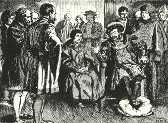Sir Thomas More en la corte de Enrique VIII, resistiendo los intentos del rey de hacerle decir algo para divertirlo