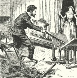La esposa del alfarero francés Bernard Palissy mirando con horror mientras él destroza sus muebles para usarlos como combustible para sus hornos