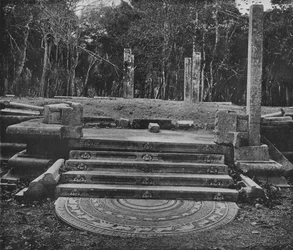 Las ciudades en ruinas de Anuradhapura. Piedra lunar y escalones, c1890, 1910