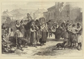 La guerra, mujeres llevando soldados heridos al hospital en Ivanitza