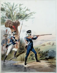 Ejército Napoleónico: Guardia Imperial. Grabado de Alfred De Marbot (siglo XIX) 1809. Malmaison, Museo del Castillo.
