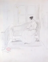 George Sand (1804-76), leyendo en un sofá junto a una ventana, 1833