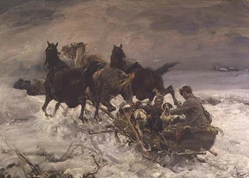 Figuras en un trineo tirado por caballos