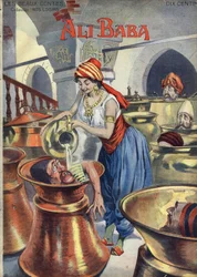 Alí Babá (y los cuarenta ladrones). Cuento popular de las 1001 noches o de las mil y una noches). Ilustración de Vaccari y Carrey en la colección "Les beaux tales" "Nos loisirs" hacia 1910. Colección privada.