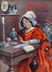 Gulliver en los gigantes (Brobdingnag). Cuento de Jonathan Swift (1667-1745). Ilustración de Vaccari y Carrey en la colección "Les beaux tales" "Nos loisirs" hacia 1910. Colección privada.
