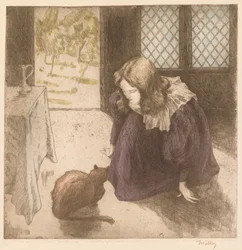 Interior, niña pequeña con gato