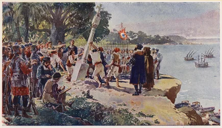 Portugueses levantando un pilar de piedra en la desembocadura del río Congo
