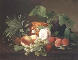 Naturaleza muerta con piña, duraznos, ciruelas y uvas