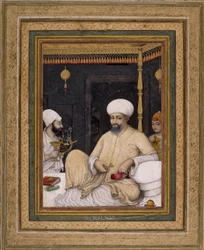 Ali Riza (pintor). El sultán Ibrahim Adil Shah II venera a un santo sufí, Bijapur, hacia 1620-30, Museo Británico, Londres.