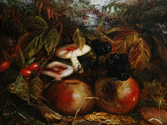Naturaleza muerta con hongos, manzanas y moras