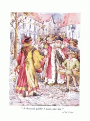¡Mil florines! ¡Ven a tomar cincuenta!, ilustración de Poems for the Young: Robert Browning, c.1920