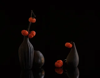 Calabazas naranjas, jarrones oscuros