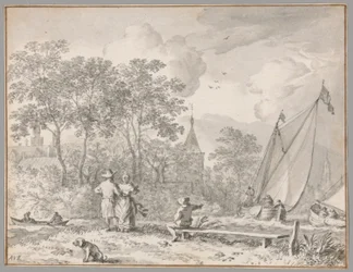 Paisaje con figuras elegantes junto a un río, con barcos a la derecha y una ciudad detrás de árboles más allá
