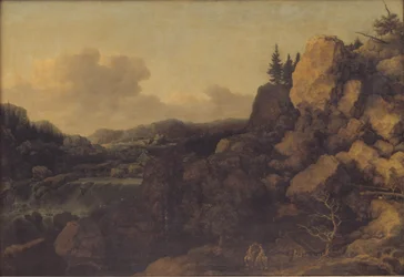Paisaje montañoso con un par de jinetes en primer plano