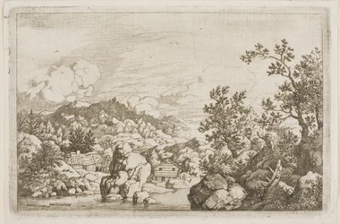 Río entre rocas y cabañas de madera