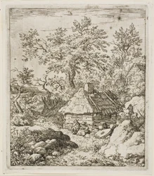Cabaña de paja entre árboles y rocas