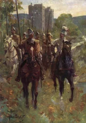 "Border Reivers" partiendo en una redada de ganado (litografía en color)
