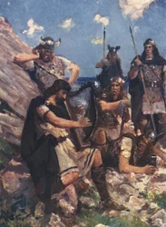 Vestido como un viejo bardo, el rey Alfredo llegó al campamento de los feroces daneses (litografía en color)