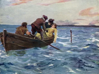 Manos amigas la subieron al barco (litografía en color)