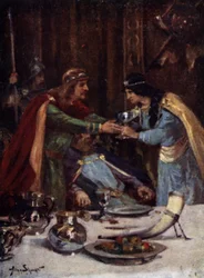 Envenenamiento del rey Aethelbert II de Anglia Oriental por Cynethryth, esposa de Offa II de Mercia, 794 (litografía en color)