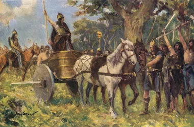 La reina Boadicea dirigiéndose a los británicos (litografía en color)