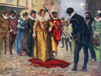 Raleigh se despojó de su manto gay y lo puso sobre el parche miry (litografía en color)