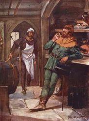 Robin Hood y sus hombres alegres: Little John in the buttery (litografía en color)