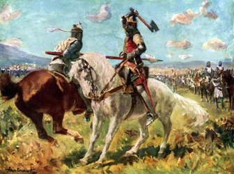 El combate entre el rey Robert the Bruce y Sir Henry de Bohun en Bannockburn (litografía en color)