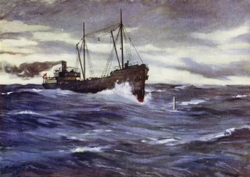 El buque Thordis a punto de embestir un submarino alemán
