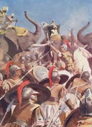 Batalla de Alejandro contra Poro en el Jhelum (litografía en color)