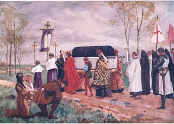 Burial of St Hugh, ilustración de "Childrens Tales of English Minsters", c.1920 (litografía en color)