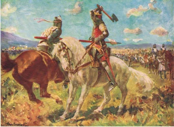 El combate entre el rey Robert the Bruce y Sir Henry de Bohun en Bannockburn (litografía en color)
