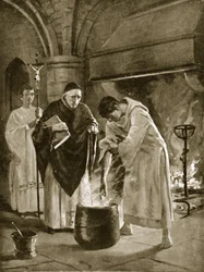 Juicio mediante la ordalía del agua hirviendo, ilustración de «Hutchinson