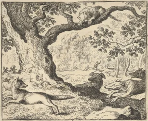 Siguiendo la falsa historia de Renard, su padre es perseguido por perros de caza de Hendrick van..., 1650-75